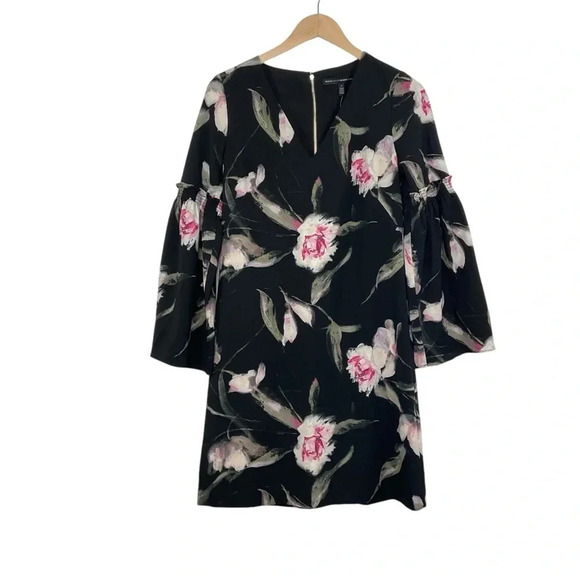 WHBM Black Floral Long Bell Sleeve Dress V-Neck Size 2 - Picture 1 of 7